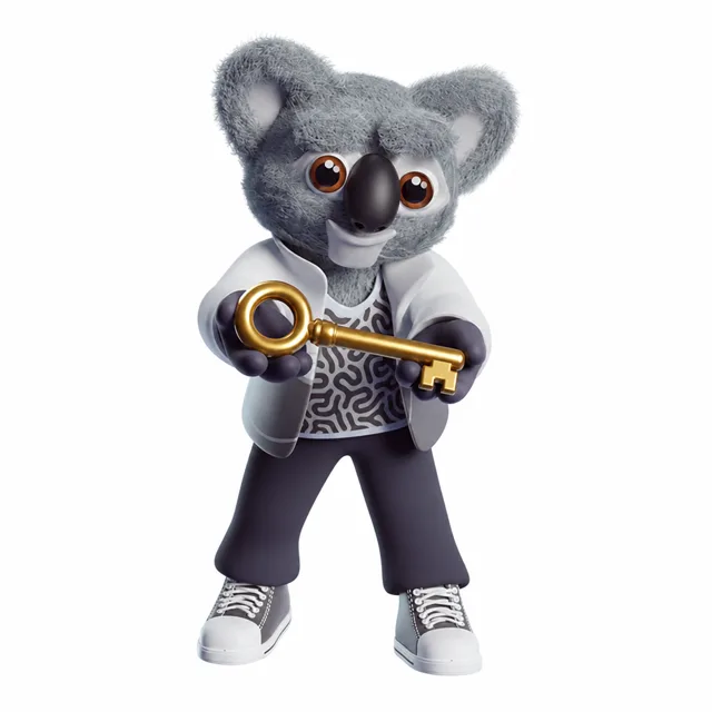 Kody the koala handing a golden key to you